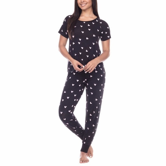 New Ladies Jogger Lounge Set Black Hearts 2 Piece Set - Picture 1 of 14